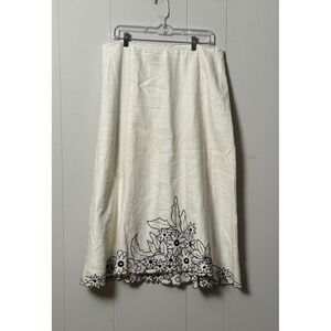 JM Collection Woman White Linen Floral Embroidered Scallop Hem Midi Skirt Sz 16W